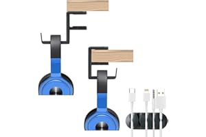 TETRA-SOLE Headphone Stand Holder with Cable Clip + FREE Cable Organiser: 360 Degree Swivel Adjustable DUAL: Springed Clamp Gaming Headset Desk Hook +Strong Adhesive Attachment, Universal Adjustable (Black)