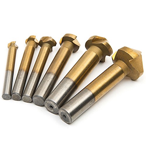 Fortag 6 tlg 3 Flute 90° Kegelsenker Satz Titan-beschichtet Kegelsenkersatz Senker Senkbohrer Senkbohrung Versenker Entgrater Set 6.3-20.5 mm - 6