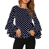 ESAILQ Damen Applique Flowy Chiffon V-Ausschnitt Langarm (XXL, Blau-1)