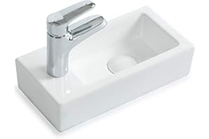 STILFORM Gäste WC Waschbecken aus feinster Keramik in Brillant Weiß für Wandmontage oder als Aufsatzwaschbecken mit Hahnloch Maße 370 x 185 x 90 mm (Hahnloch Links)