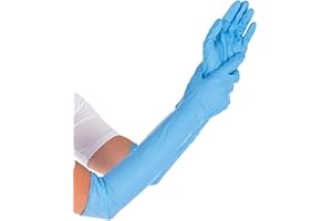 FRANZ MENSCH 50 Stück Hygostar Nitrilhandschuhe Extra Safe Superlong | puderfrei, Packung, blau, 10/XL, L: 50cm, Nitrilhandschuhe, Schutzhandschuhe, Einmalhandschuhe