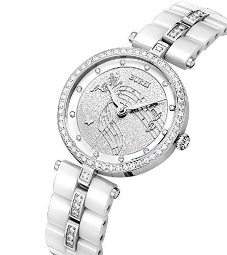 BUREI Damen Elegante Analoge Quartz Armbanduhr mit silbernem Diamantkristall Gehäuse und weißem Keramikarmband BUREI Damen Elegante Analoge Quartz Armbanduhr mit silbernem Diamantkristall Gehäuse und weißem Keramikarmband
