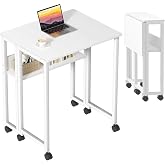 Sidney Kitaplık Raflı Katlanır Masa 70 cm Tekerli Bilgisayar Masası Laptop Masası, Beyaz - Beyaz