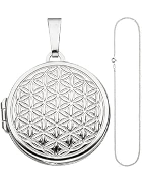 JOBO Damen Medaillon Blume des Lebens rund Anhänger zum Öffnen 925 Silber mit Kette 50 cm