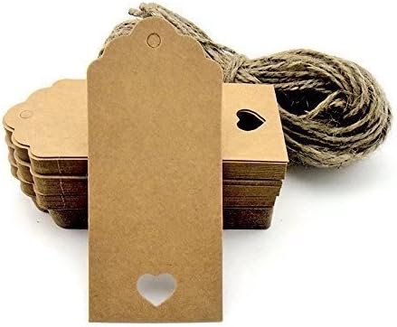 100pcs Gift Tags/Kraft Hang Tags with Free Cut Strings for Gifts Crafts and Price Tags Scalloped Tag Style Color Rectangular With Heart