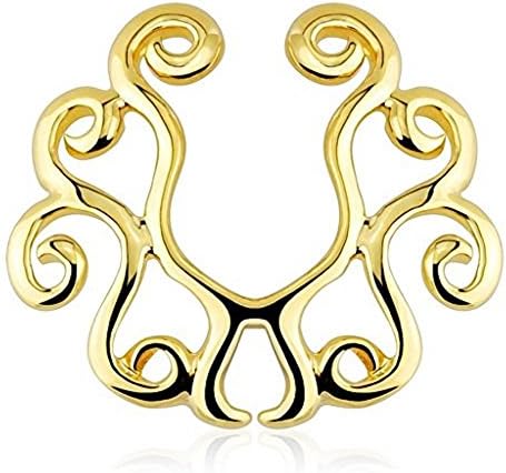 1 x 14kt Gold Plated Tribal Floral Swirl Clip On Fake Nipple Bar Non Piercing