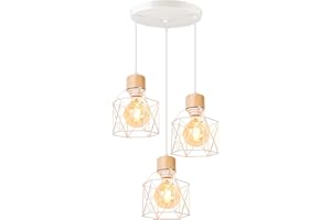 PETITES ECREVISSES Lámpara de techo E27 Vintage Industrial 3 luces blancas de metal jaula para cocina y salón (base de 30 cm - madera)
