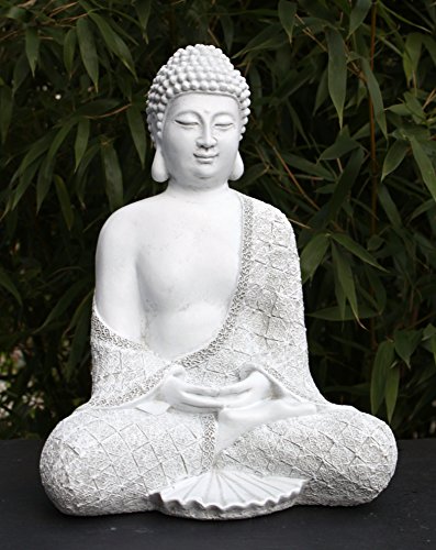 Steinfigur Buddha sitzend - Antik-Weiss, Garten, Deko, Figur, Stein, Statue, Frostsicher