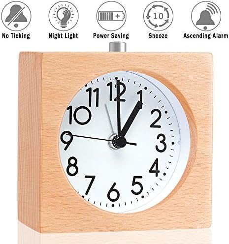 Jcobay Wooden Bedside Alarm Clock, Non Ticking Small Silent Round Desk Clock Battery Operated Snooze Morning Clock with Nightlight for Home and Office