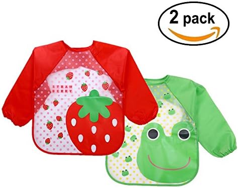 Skroad Baby Bibs with Sleeves, Waterproof Feeding Bibs with Long Sleeve, Unisex Bibs for 6-36 Months Infants/Toddlers - Red&amp;Green