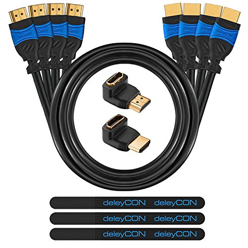 deleyCON HDMI Set - 3x 1m HDMI Kabel + 1x 3m HDMI Kabel + 2x HDMI Winkel Adapter (90° + 270° Grad) + 3x Klett-Kabelbinder + Microfaser Reinigungstuch - HDMI 2.0 / 1.4a kompatibel High Speed mit Ethernet (Neuster Standard) ARC 3D 4K Ultra HD (1080p/2160p)