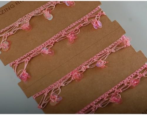 Neotrims Hand Crochet Sequins Viscose Fringe Ribbon Border Trimming Decoration By the Yard Wholesale Price or a Bargain 25-30 Meters Fringing Pack, Soft Dusky Pink with Transparent Pink Sequins, Stunning Crafts Item. - Dusky Pink - 4 Meter