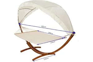 BPIL 2 Person Cotton Hammock with Wooden Arc Stand & Canopy | Floor Standing Swing Bed for Garden, Patio, Yard | Russian Larch Wood, Detachable Hammock Chair Seat, Weather Resistant