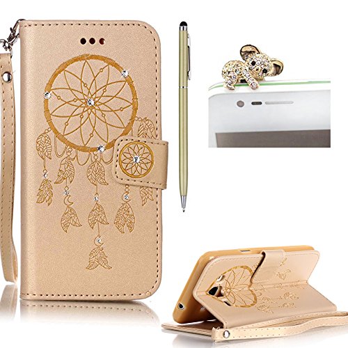 SKYXD für Samsung Galaxy J3 2016 J320FN Hülle Leder Traumfänger Blumen Drucken Muster,Brieftasche Klappbar Glitzer Strass PU Folio Schutzhülle [Kartenfach / Magnet / Standfunktion / Trageschlaufe] Inner Silikon Klapphülle mit [Handyanhänger + Eingabestift] 3 in 1 Zubehör Handy Tasche Etui for Samsung Galaxy J3 2016 J320FN Bookstyle Flip Case Leather Cover With [Stylus and Dust Plug]- Gold