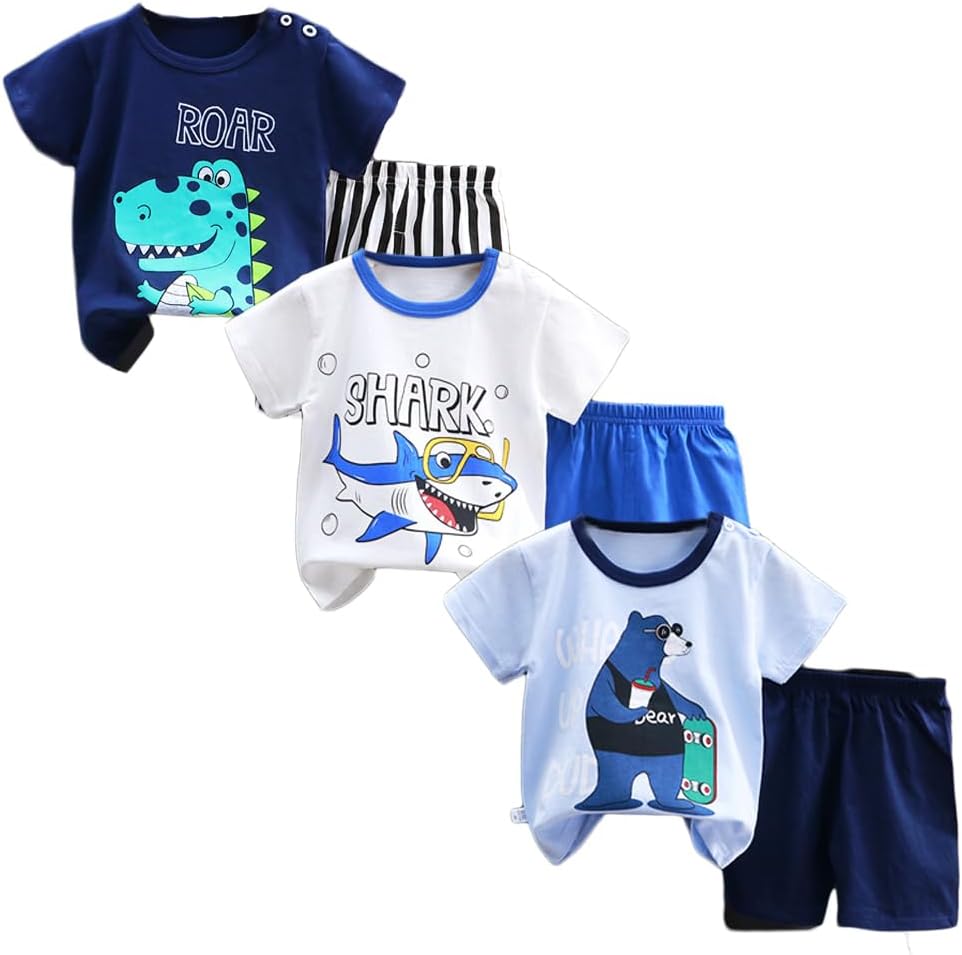 XM-Amigo Bebé Niños Conjunto de 3 Juegos de Manga Corta y Pantalones Cortos de Media Manga, Paquete de 6 (con/sin Hebilla para el Hombro)