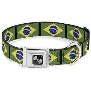 Buckle-Down Brazil Flags Dog Collar Bone, Wide Large/18-32