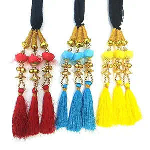 Unik Only For kids Girls Rose Design Paranda Parandi Braid Tassles Hair Accessory Hair Extension Choti Braid Tassles (Red, Blue and Yellow 3 Pieces)