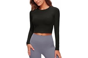 Fisoew Maglietta sportiva da donna, a maniche lunghe, girocollo, per yoga, allenamento crop top, slim fit