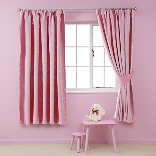 H.Versailtex Printed Blackout Pencil Pleat Pair Light Reducing Microfiber Curtains for Children, Thermal Insulated & Warm Protecting, Pink with Silver Stars, 90'' Width x 72'' Drop