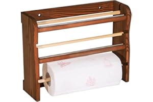 EMPOTEC Mensola da Muro Parete Porta Rotolo Carta Scottex Asciugamani Domopack Carta Forno Pellicola Trasparente Dispenser 3in1 con 2 Taglierina Seghetto per Taglio da Cucina in Legno Scuro