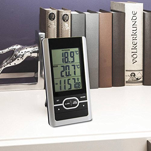 DCF Digital Innen Thermometer mit Außensender und Beleuchtung . Min Max , Funk Uhr und Wecker Funktionen und Analog universal Klebethermometer als Set (SB1117N) - 3