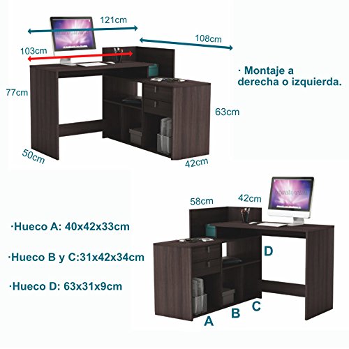Escritorio mesa de estudio ordenador 121cm. Color roble vulcano. Para despacho, ordenador, dormitorio juvenil