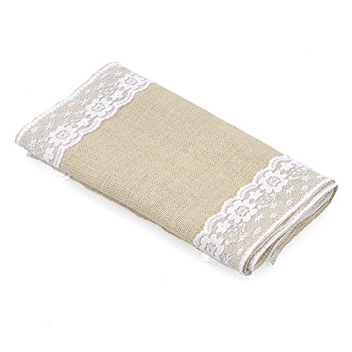 Jingxu Rustic Burlap Lace Tischläufer Natürliche Jute für Hochzeitsfeier als Tischdekoration Weiße Spitze (L) - 3