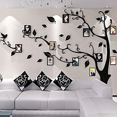Alicemall Stickers Muraux Arbre Photo Sticker Mural 3D Stickers Muraux TV Autocollants 3d Stickers Muraux 3d Plantes Stickers Muraux Oiseaux Décoration Mural Salon(style 1(feuilles noires vers gauche))