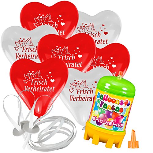 Helium Ballon Set Hochzeit - Just Married - Frisch verheiratet oder 2 Herzen in Rot und Weiß - 10-500 Ballons 30cm Durchmesser + Heliumflasche + Ballonverschlüssee
