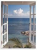 Glasbilder Fenster mit Ausblick auf die Karibik. Wandbild mit traumhaften Ausblick auf das Meer. Wunderschöne Natur Landschaft mit Strand, Palmen und Wolken am Horizont