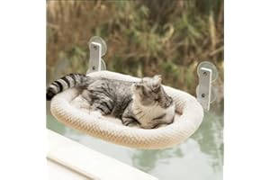 EDAGNY Hamac élégant pour chat d'intérieur pliable - Perchoir de fenêtre en peluche avec housse épaisse amovible - Cadre en acier robuste avec 4 ventouses - Peut supporter jusqu'à 18 kg (beige, taille