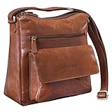 Maße leer (BxHxT): ca. 25 x 27 x 11 cm | 'Mira' Umhängetasche im Vintage Design aus Leder für Damen | Viele Fächer für Kosmetik, 0,5 Liter Wasserflaschen, Smartphone und vieles mehr!