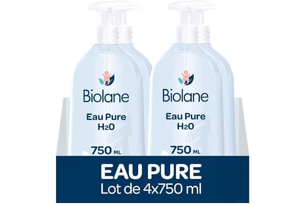 BIOLANE - Lot de 4 Flacons Eau Pure H2O - Nettoyant pour le visage, corps et siège du bébé - Sans rinçage - 4 flacons-pompe de 750ml - Fabriqué en France