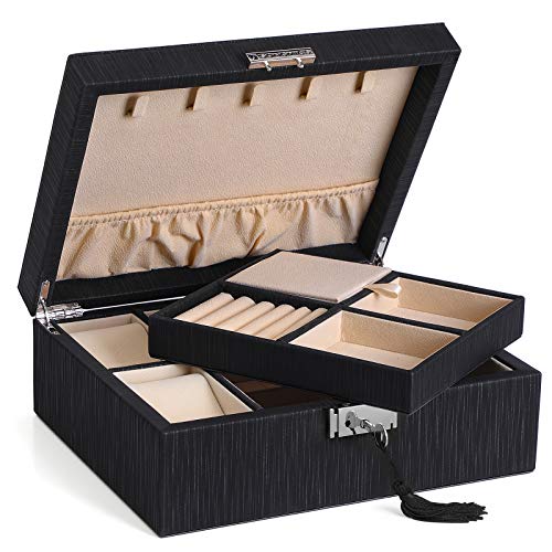 Preisvergleich Produktbild SONGMICS Schmuckkästchen, verschließbarer Schmuckkasten, für Halsketten, Armbanduhren, Fach mit Deckel, Herausnehmbare Trennwand, Geschenk für die Liebsten, Schwarz JBC235BK