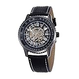 Herren Schwarze Skelett Uhr mit römischen Ziffern, die mit Lünette, Leder Band