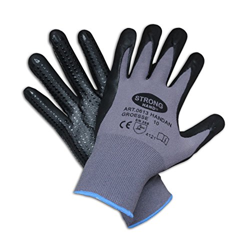 12er-Pack Nitril Arbeitshandschuh Montagehandschuhe „HANDAN“, Größe 10, mit Micro-Nitrilschaum-Beschichtung für ein sicheres und präzises Greifen. Feinstrick Handschuhe Stronghand grau