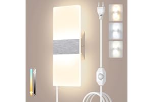 Sytmhoe Schlafzimmer Dimmbar Wandlampe Mit Schalter E27 Kabel, 12W 960LM Led Wandleuchte Innen 3000K 4500K 6000K Veränderbar Modern Silber Acryl Aluminium Für Kinderzimmer Wohnzimmer Hotel Wohnung