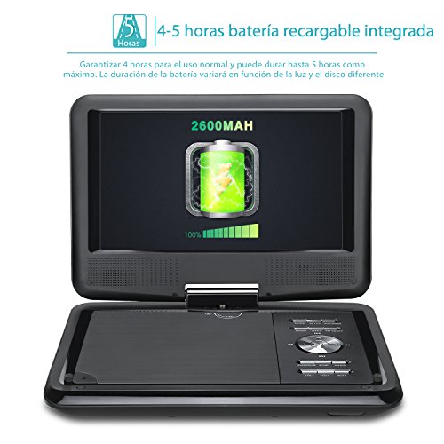 (Con Soporte de Coche)Reproductor DVD Portátil de Coche Soporta USB / SD / AV-in / AV-out,2600mAh Batería Interna, Color Negro