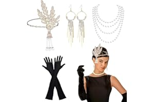 Pecehom 1920s Flapper Great Gatsby Accessories Set Roaring 20's Theme Set for Women, Retro Carnival Festival Halloween Christmas,with Headband Gloves Necklace Earrings Lace Folding Fan