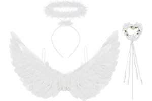 FEILOREVA White Angel Fairy Wings with Wand and Halos Headband – Womens Halloween Costume Adult Set for Angel Party Look
