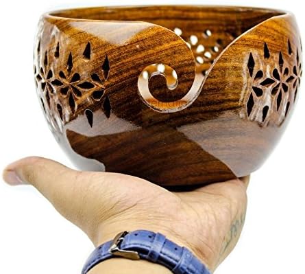 Rosewood Crafted Wooden Yarn Storage Bowl With Carved Holes & Drills | Knitting Crochet Accessories | Nagina Handmade (Large)