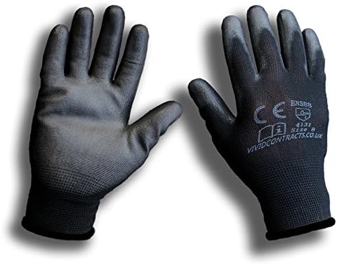 eVCom24pairs - PU Coated Black Nylon Work Gloves. Ideal for Builders, Mechanic, Construction & Gardening-only £0.83ea (XL)