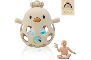 M MARIE MADELEINE EMPORIUM Marie Madeleine Pollito Sonajero y Mordedor de Silicona para Bebé, Sonajeros bebe 0-3meses blanditos, Mordedores Bebés 3-6meses, Regalo Recien Nacido, Juguete Montessori para Bebe (Beige con Bolita)