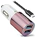 Produktbild HANFU Quick Charge 3.0 Car Charger Dual USB Fast Port Adapter 6.5a 34w Universal Metal Blue Ring LED for Type C Nexus 6 iphone 7 6 6s Plus Android Apple Mobile Device Samsung Note S6 S7 Edge ipad Rapid Charge QC3.0 Splitter (Rose gold + Micro Cable)