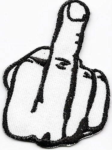 One Finger Salute in White Sew-on Iron-on Embroidered Patch Badge