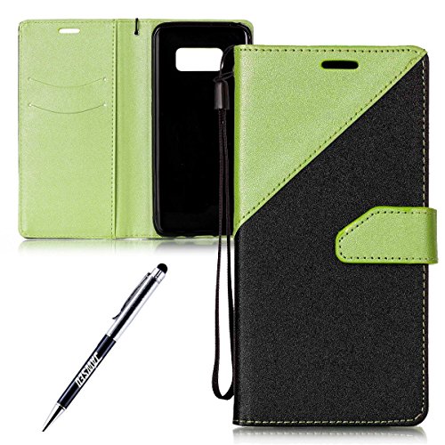Galaxy S8 Plus Case, Galaxy S8 Plus Cover, JAWSEU Luxury Contrast Color Patchwork Premium PU Leather Wallet Flip Cover for Samsung Galaxy S8 Plus Smart Protector Skin Shell with Slim Silicone Case ID Card Slots Kickstand Strap Magnetic Protective Leather Case for Samsung Galaxy S8 Plus + Stylus Pen - Black + Green