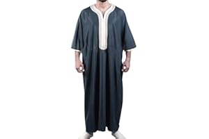 Risaho Herren Kaftan Thobe Langarm Roben mit Stehkragen Muslimisches Kleid Kaftan Gewand Arabisch Gebet Eid Kleidung