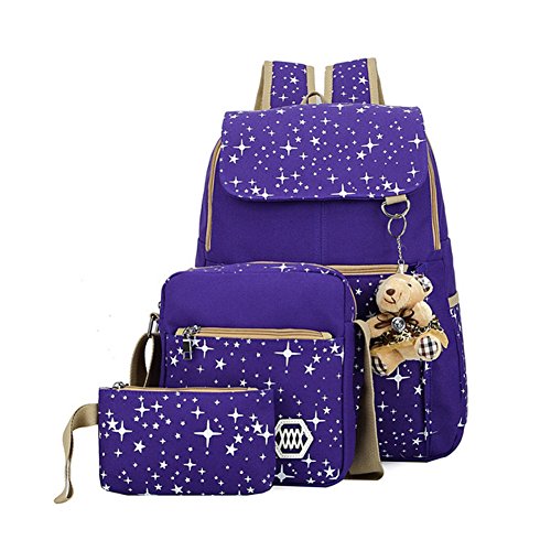 Las niñas mochila lienzo mochila escolar estudiante libro bolsa de viaje con bolsa de hombro y estuche morado Morado
