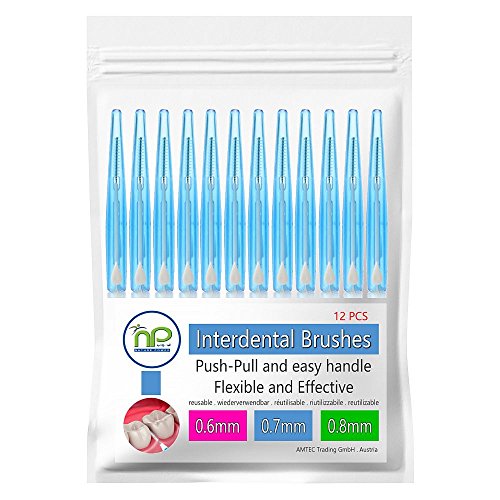 NP-Vital 12x cepillos interdentales 0.6/0.7/0.8 mm o en la mezcla - cepillado higiénico push-pull technology tooth space (0.7 mm azul)