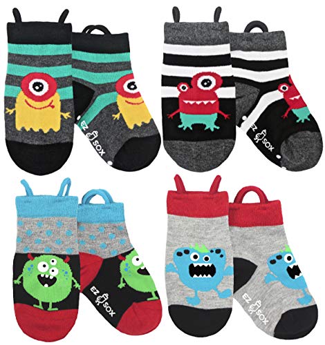 Ez Sox Calcetines de animales para niños, puntera sin costura, agarre antideslizante, Monsters, 5-9